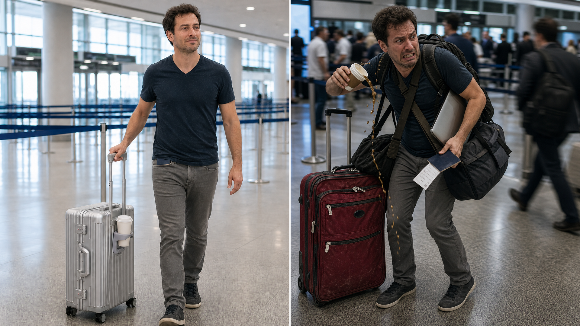 Split-screen airport comparison of a calm NOBL traveler and a stressed traveler with ordinary luggage
