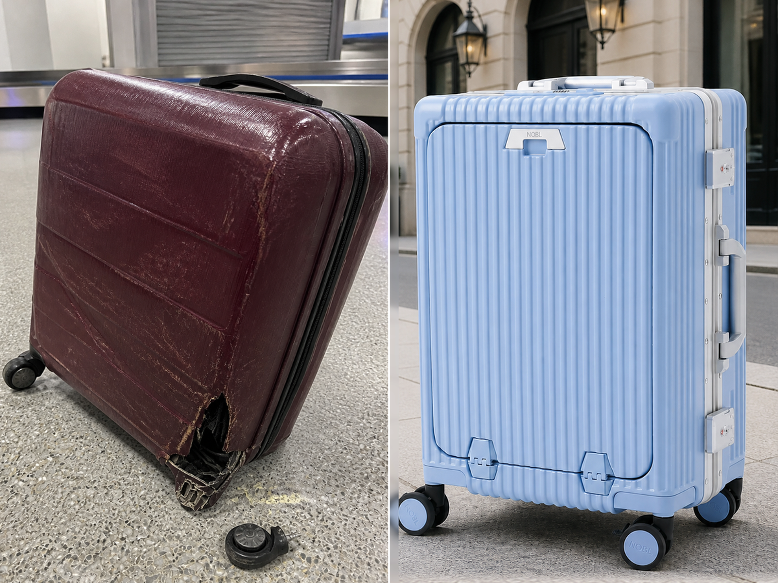 Split-screen comparison of a broken burgundy suitcase and an intact blue NOBL suitcase