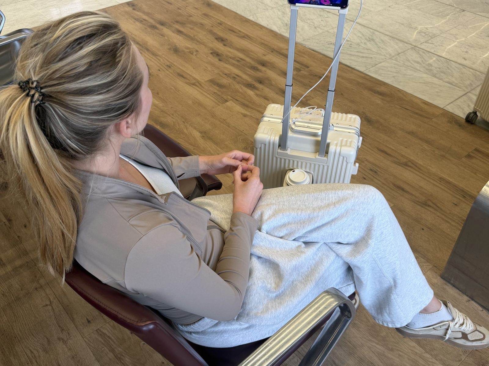 Before and after NOBL comparison showing hands-free airport travel