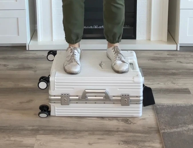 Before and after NOBL comparison showing hands-free airport travel