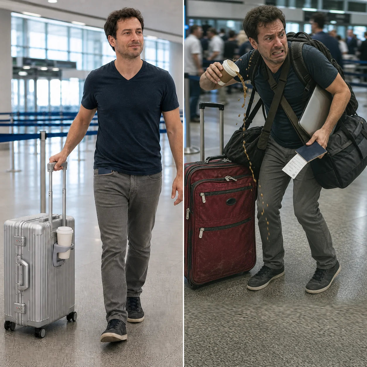 Calm NOBL traveler compared with a stressed overloaded airport traveler