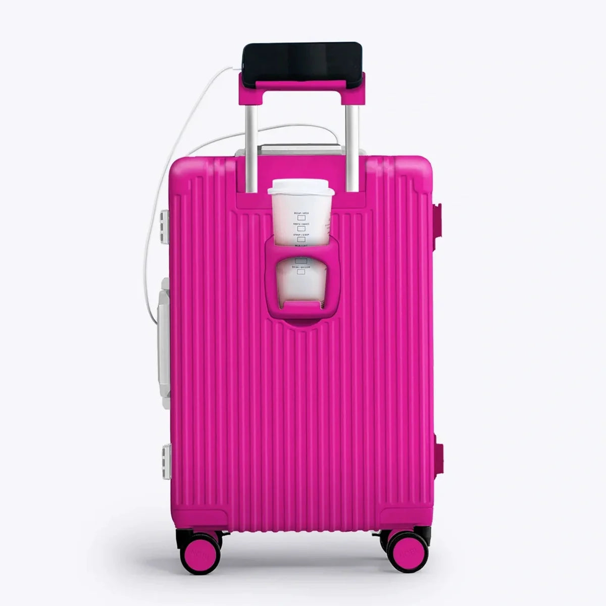 Fully loaded NOBL carry-on with phone, cup holder, and charging cable in use