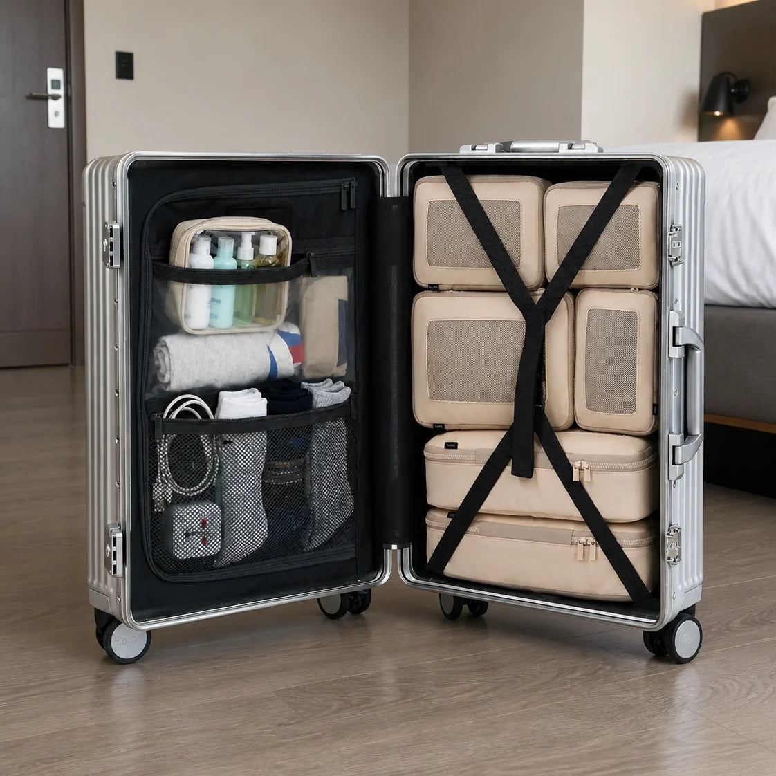 Open silver NOBL carry-on packed for a seven-day trip
