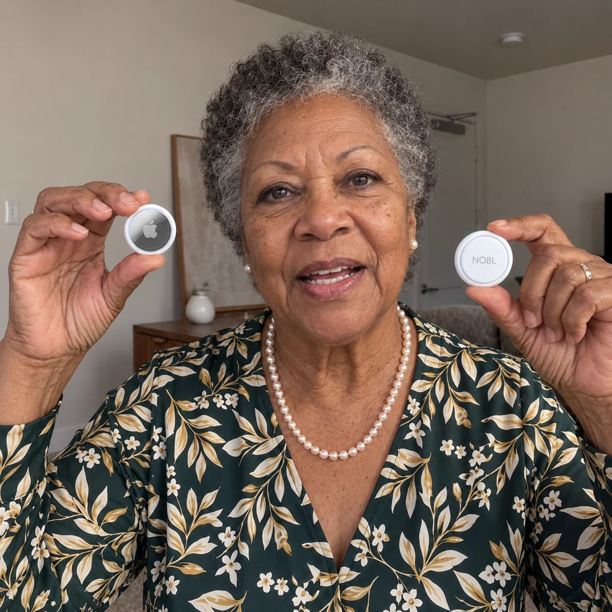 Older Black woman holding a NOBL Air™ tracker and an Apple AirTag