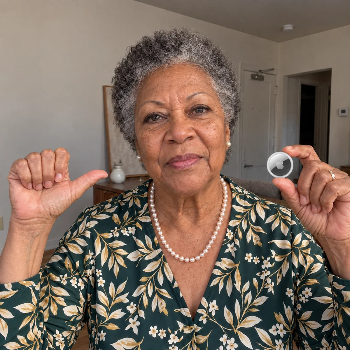 Older Black woman holding an Apple AirTag