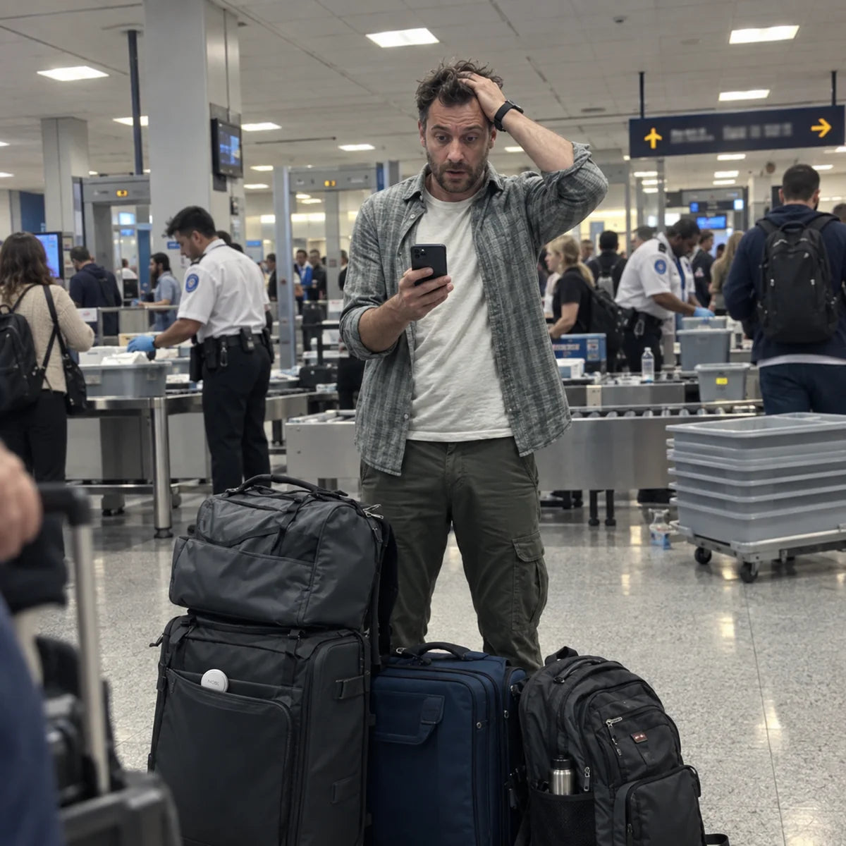 Traveler checking his phone beside his bags at the airport