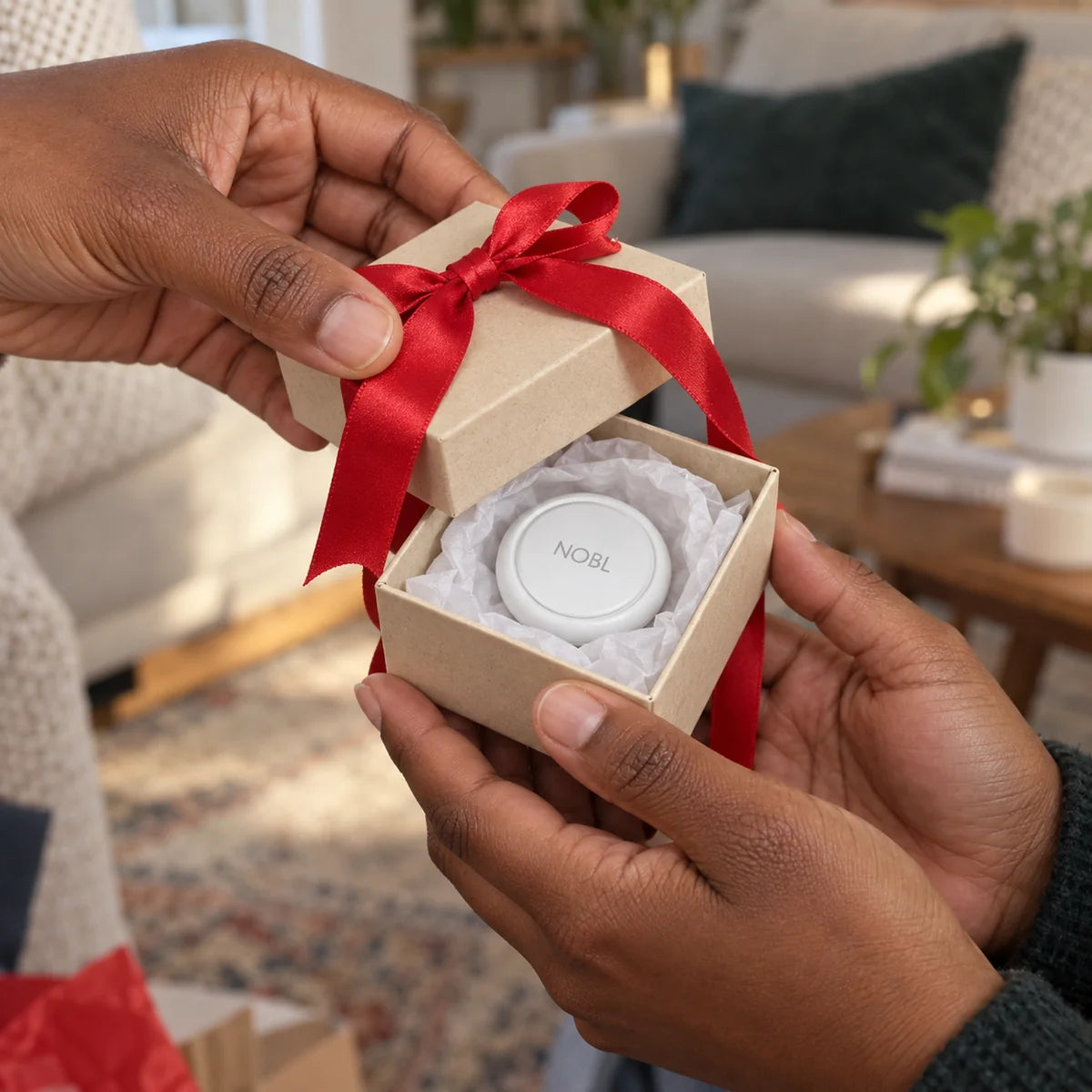 Hands opening a gift box containing NOBL Air™