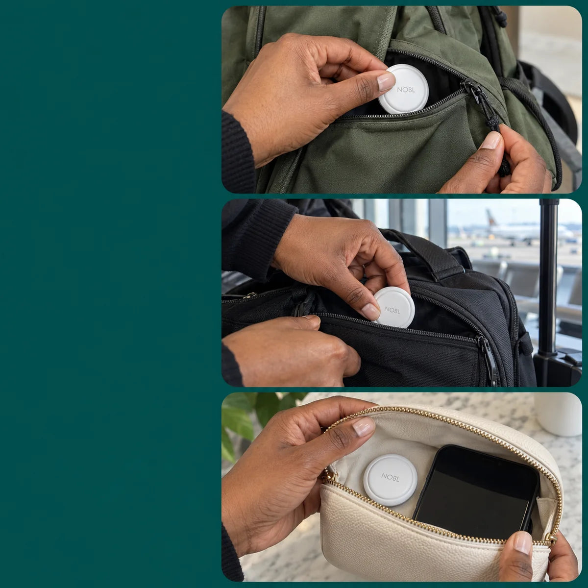 NOBL Air™ placed in a backpack, travel bag and pouch