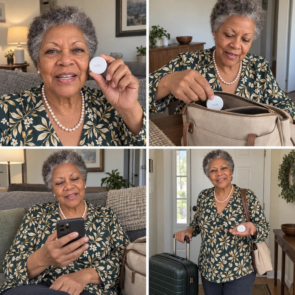 Older woman using NOBL Air™ with her everyday and travel bags