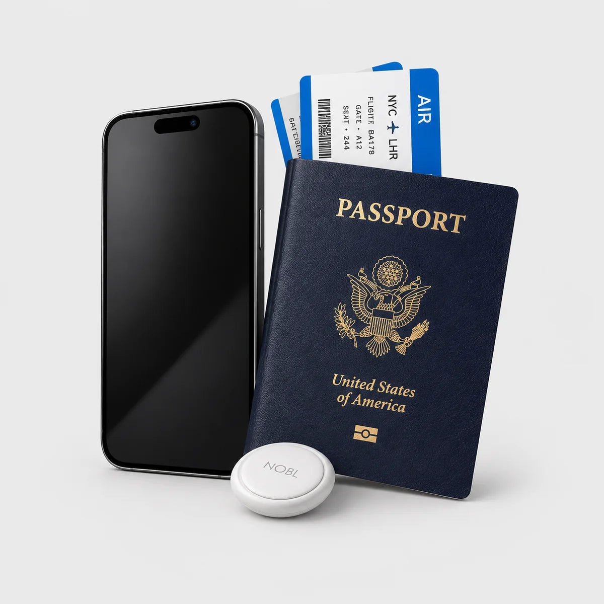 NOBL Air™ beside a passport, boarding passes and phone
