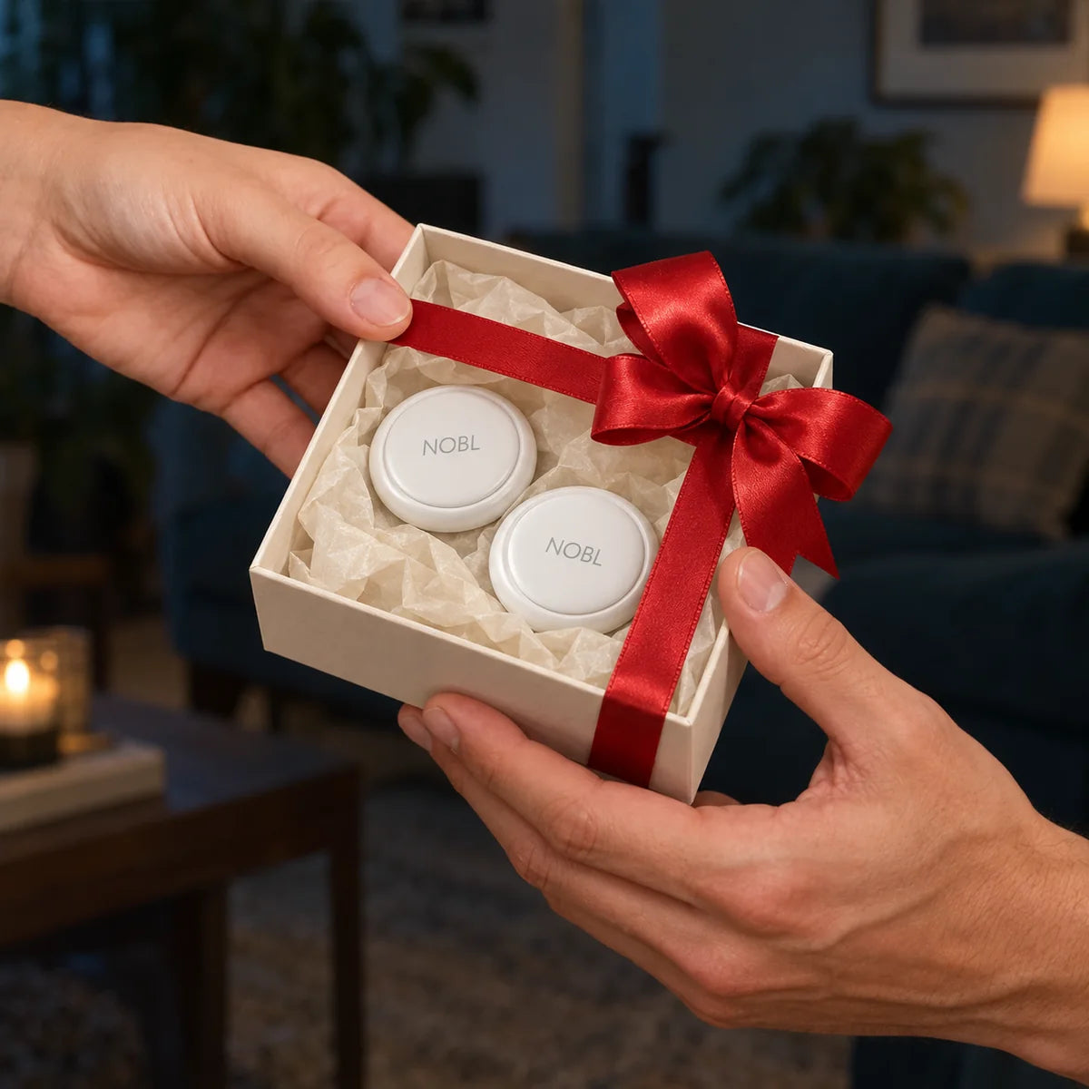 Two NOBL Air™ trackers in an unbranded gift box with a red ribbon