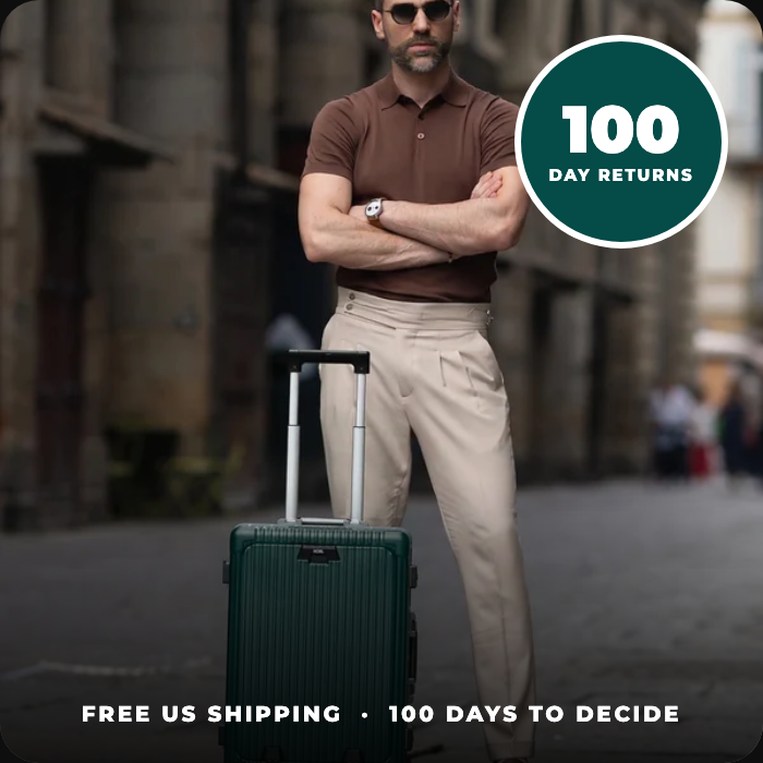 NOBL traveler with the Carry-On and the 100-day returns seal