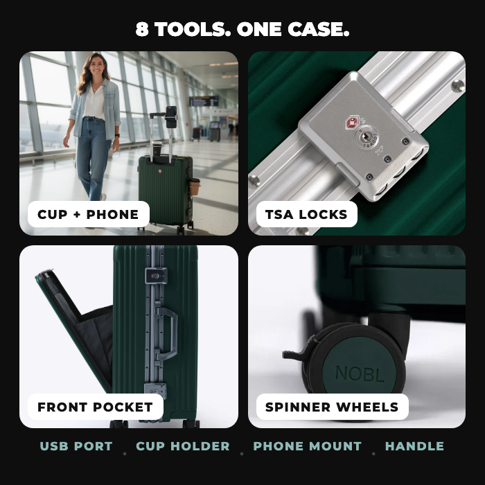 Cup and phone in use, TSA locks, front pocket and spinner wheel closeups