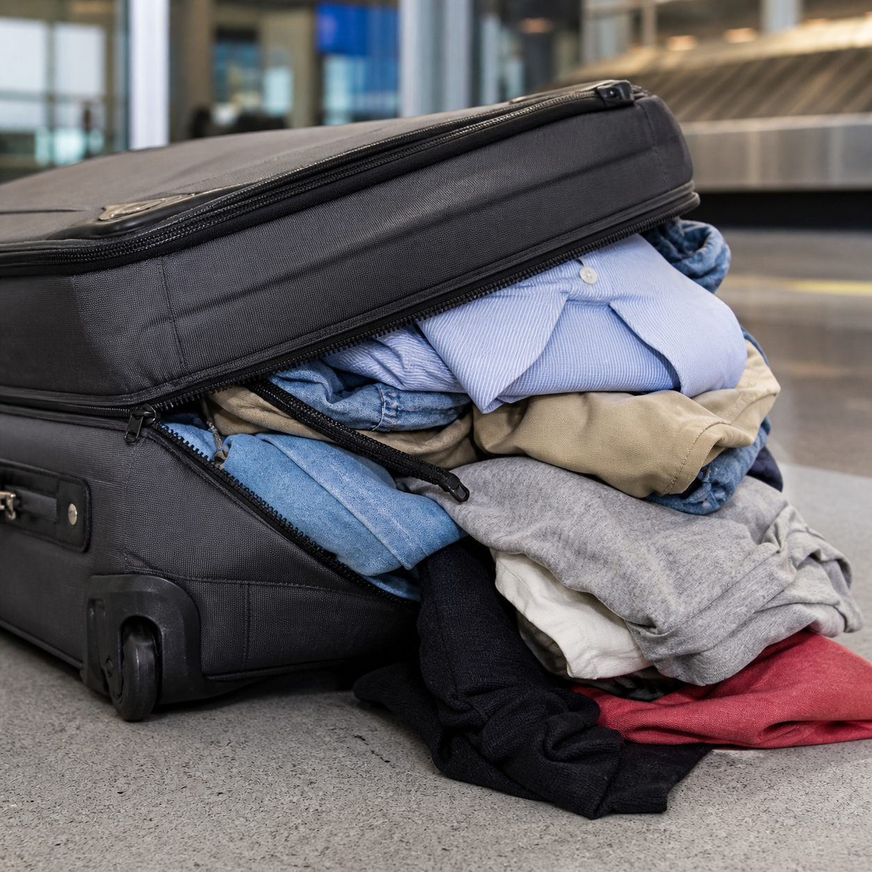 Overfilled black suitcase with clothes spilling onto the airport floor