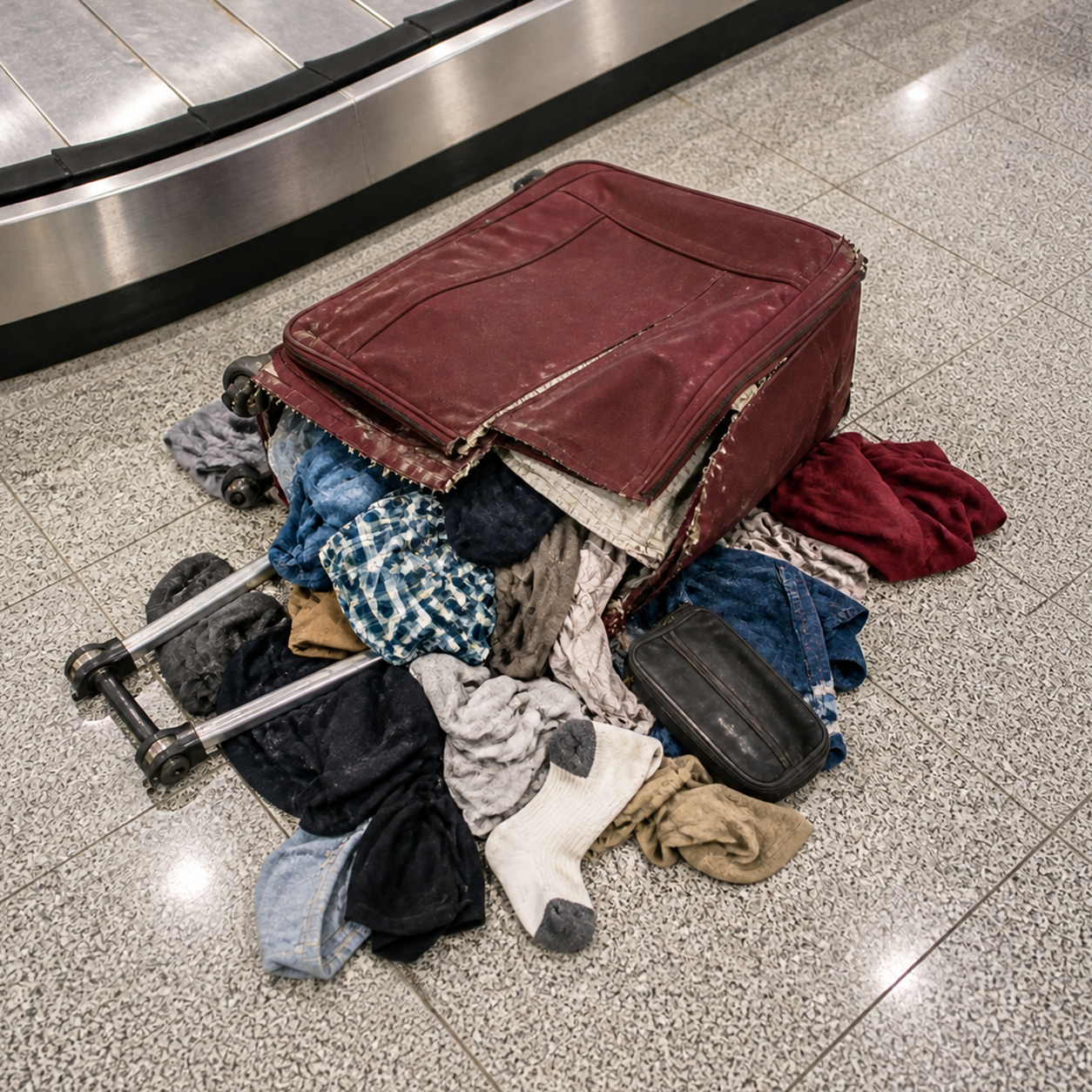 Broken burgundy zipper suitcase with clothes spilled across the airport floor