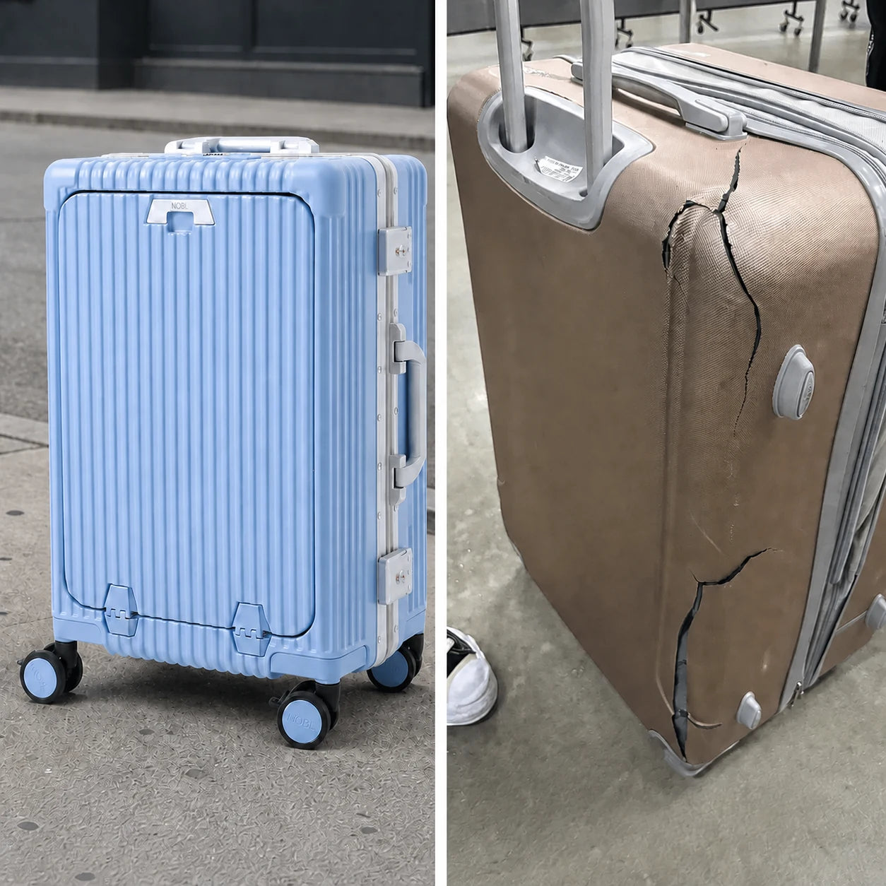Light-blue NOBL suitcase beside a cracked and broken suitcase