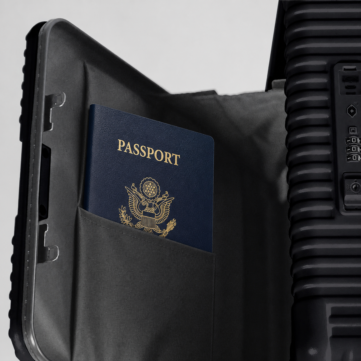 Passport stored in the front-access pocket of the NOBL carry-on