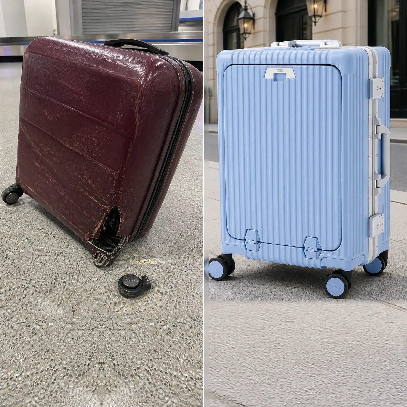 Broken burgundy suitcase compared with a strong blue NOBL carry-on