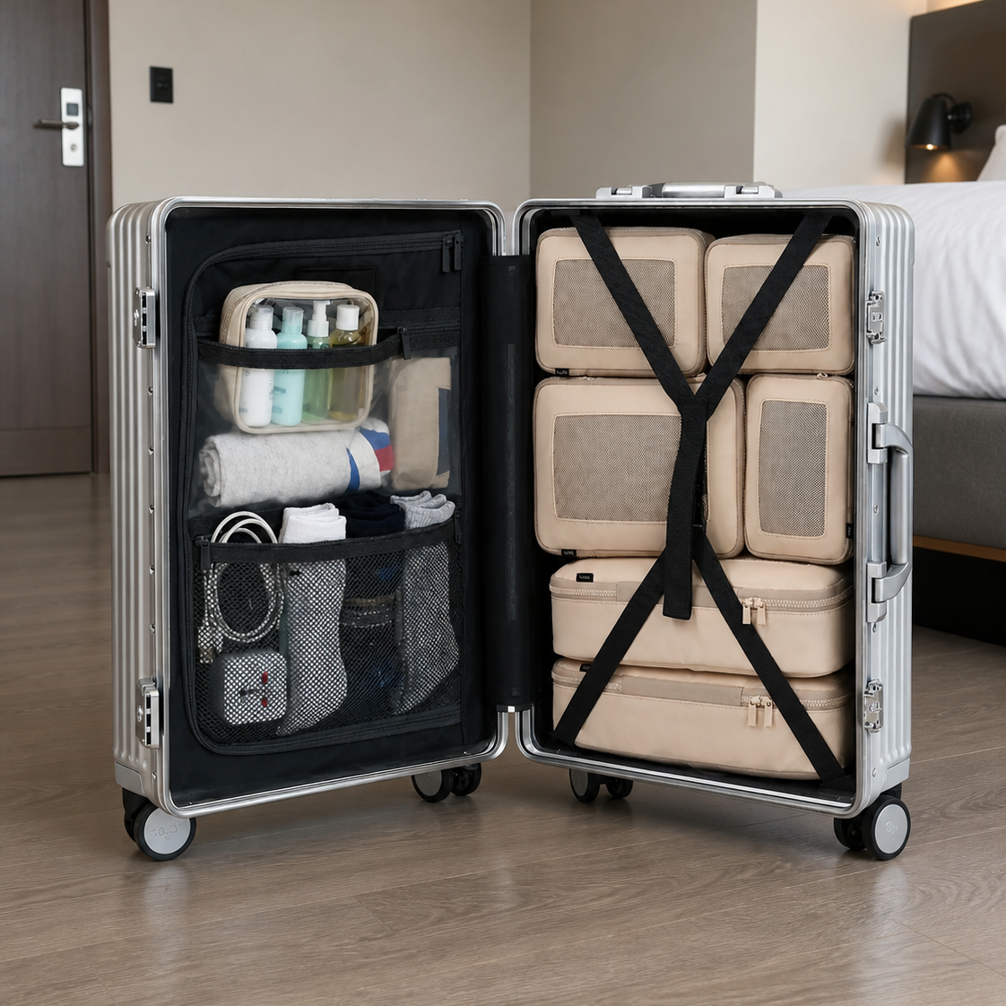 Open silver NOBL carry-on packed for a seven-day trip