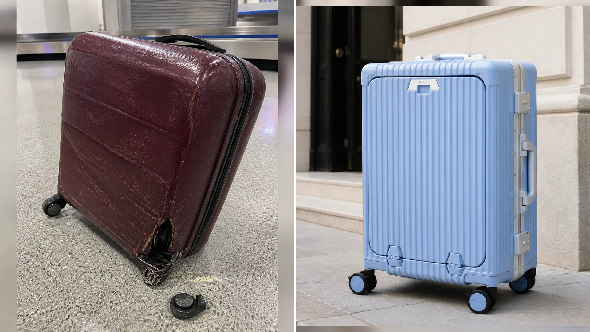 Split-screen comparison of a broken burgundy suitcase and an intact blue NOBL suitcase