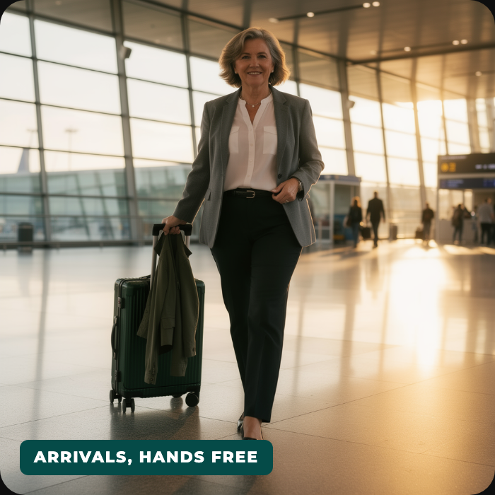 Create a four-panel airport sequence featuring the same traveler and bag: coffee in the cup holder, laptop removed from the front pocket, phone on the holder at the gate, and the bag rolling between flights. Keep each moment practical and recognizable.