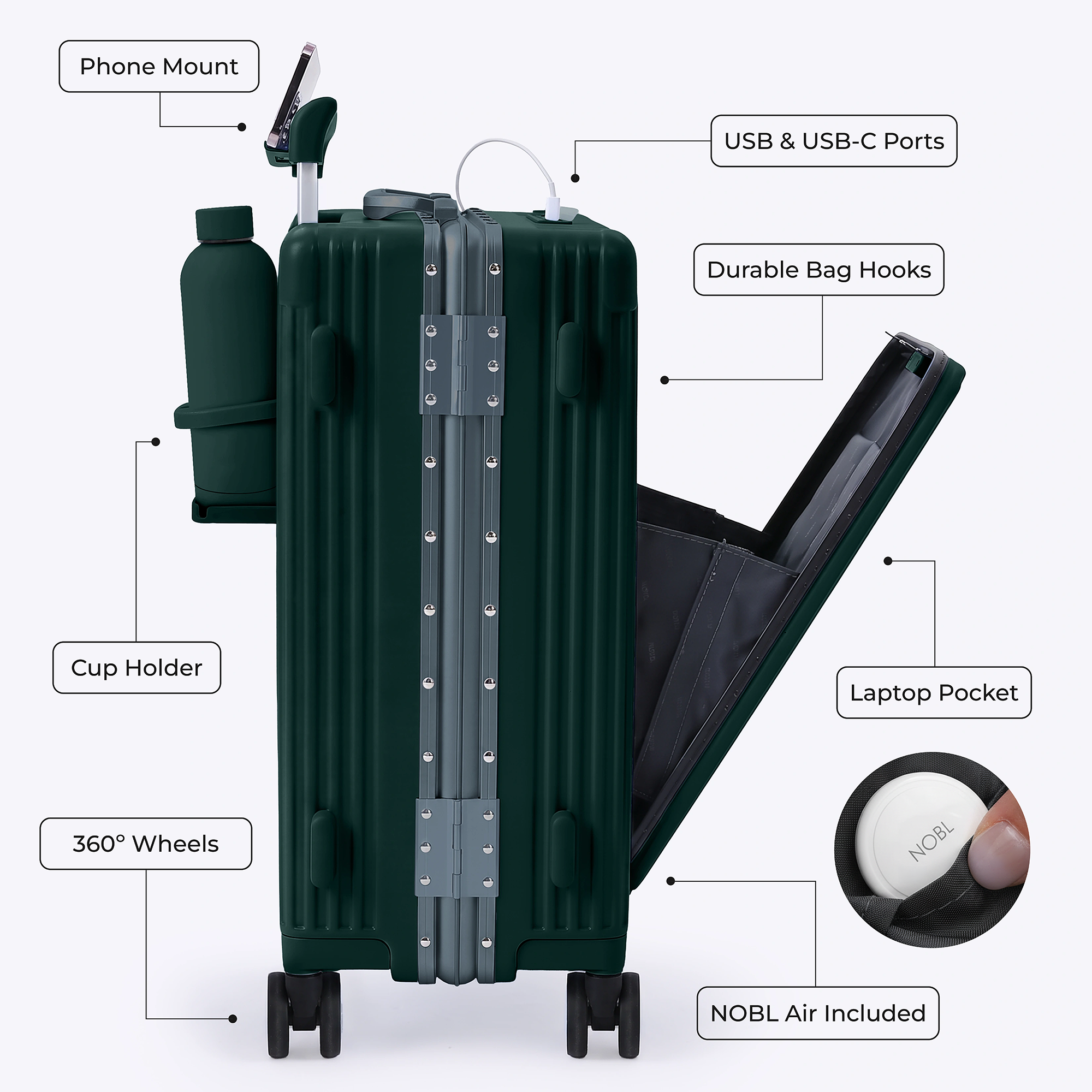 Forest Green NOBL Carry-On features including phone mount, charging ports, cup holder, bag hooks, laptop pocket, spinner wheels, and NOBL Air