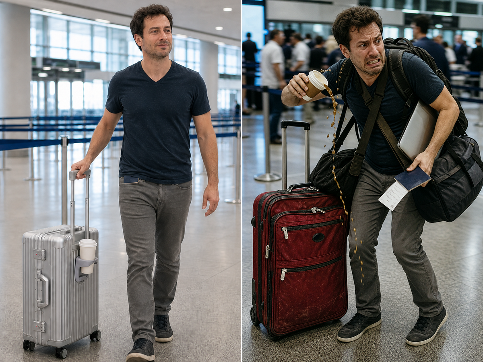 Split-screen airport comparison of a calm NOBL traveler and a stressed traveler with ordinary luggage