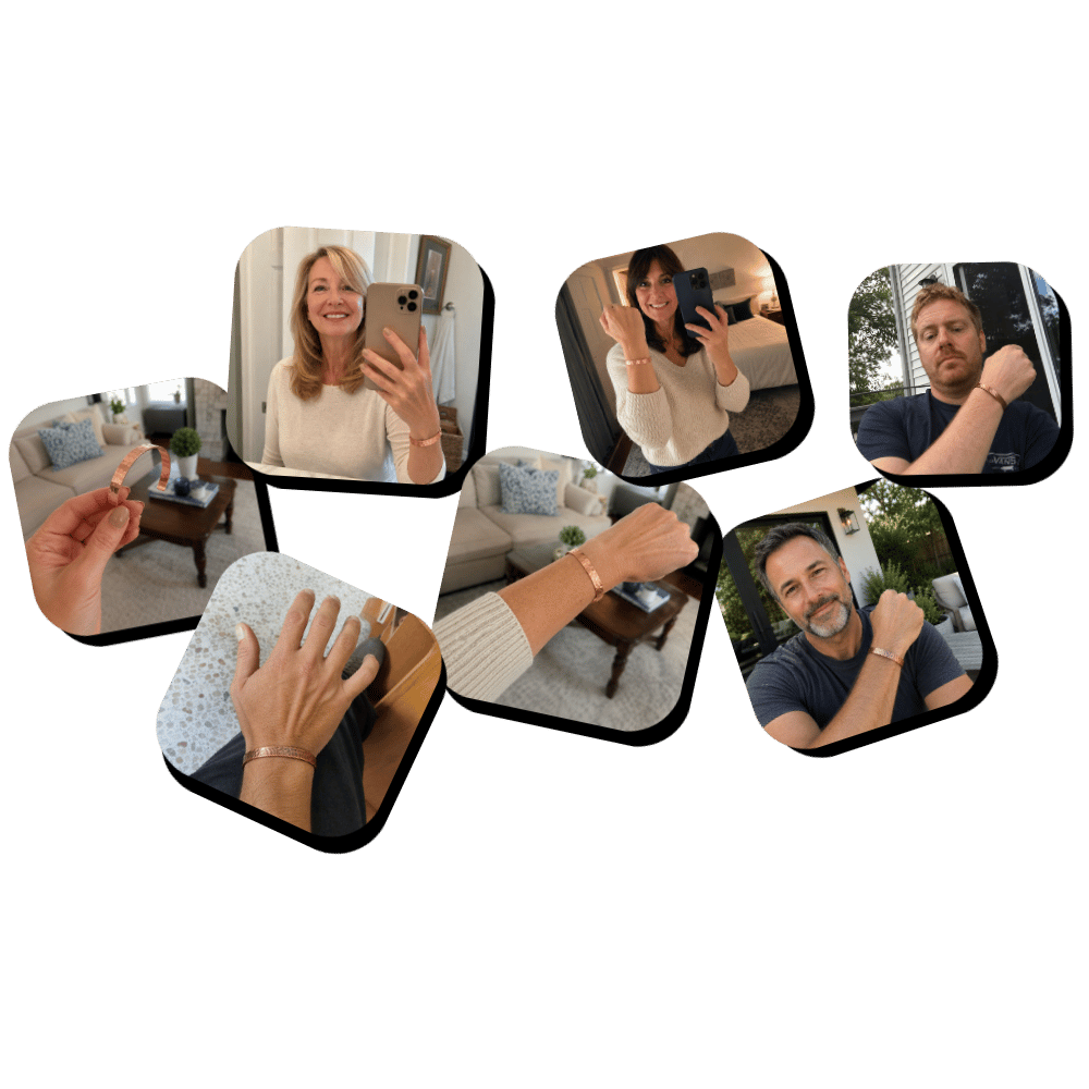A collage of photos showing various men and women wearing a copper-colored cuff bracelet.