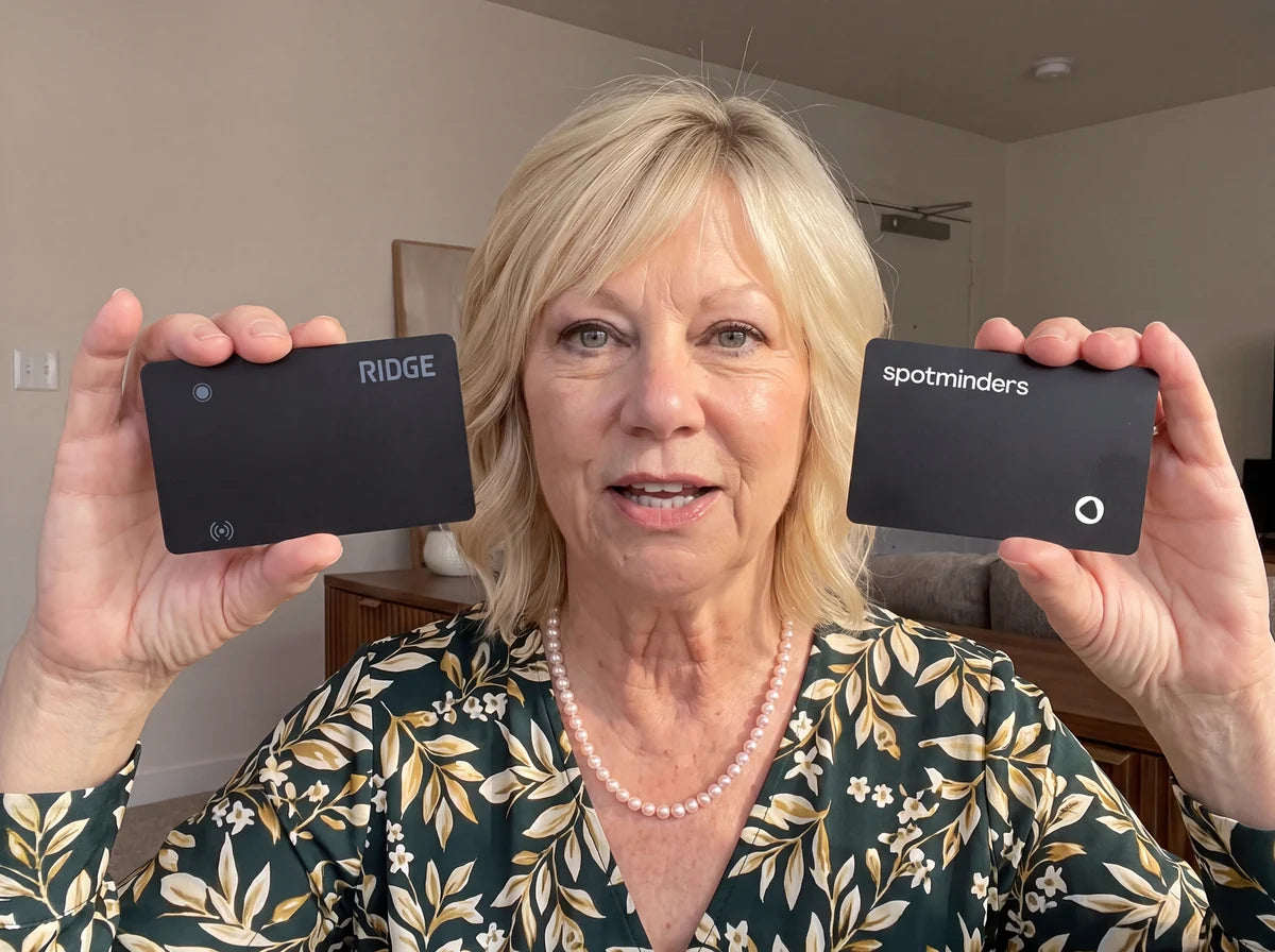 Susan Miller holding the Spotminders and Ridge tracking cards