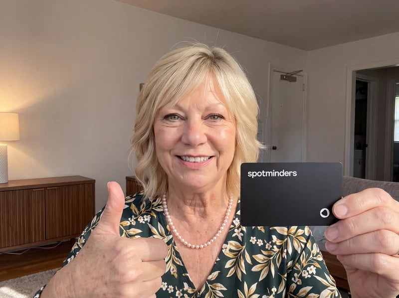 Susan Miller giving a thumbs up to the Spotminders tracking card